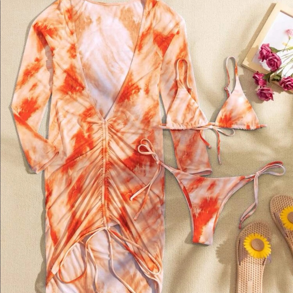 Orange tie die bikini with mesh coverup